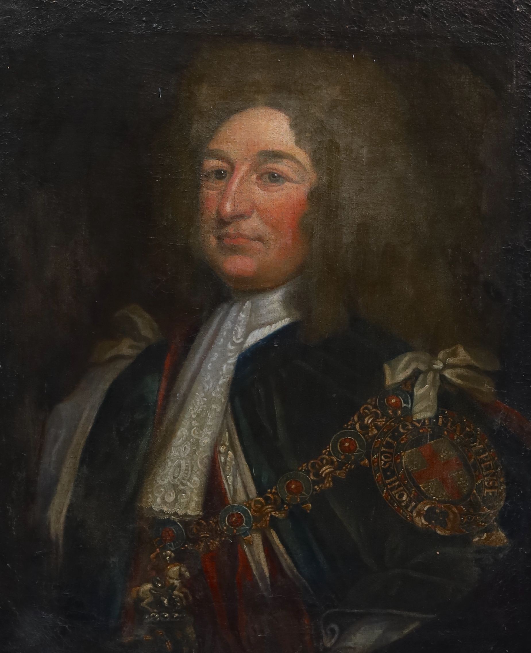 After Sir Godfrey Kneller (1646-1723), Portrait of King George II, oil on canvas, 76 x 63cm, unframed